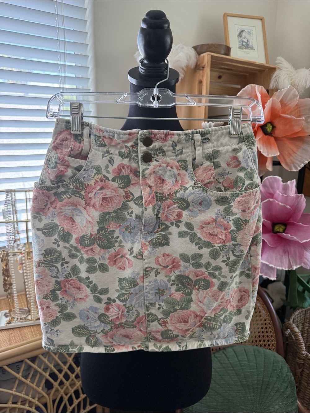 Vintage 80s/90s Contempo Casuals Paris Blues Floral Denim Jean Mini Skirt